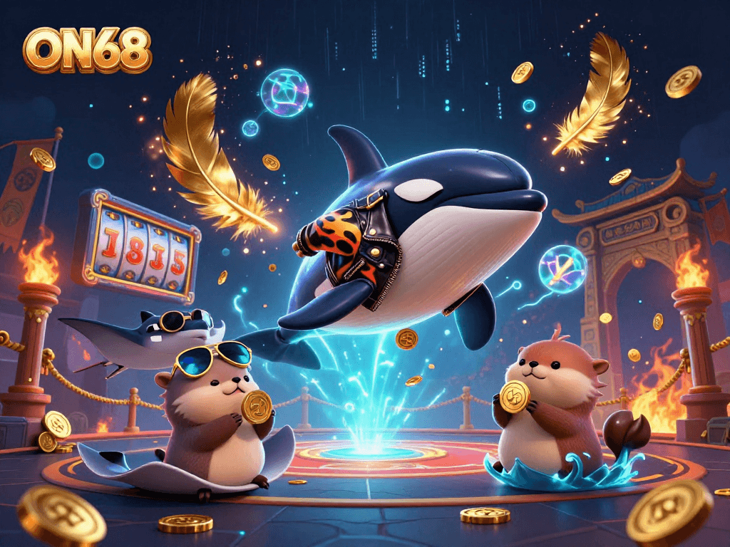Experience thrilling adventures with ON68 at this dynamic 3D casino scene featuring playful sea creatures.