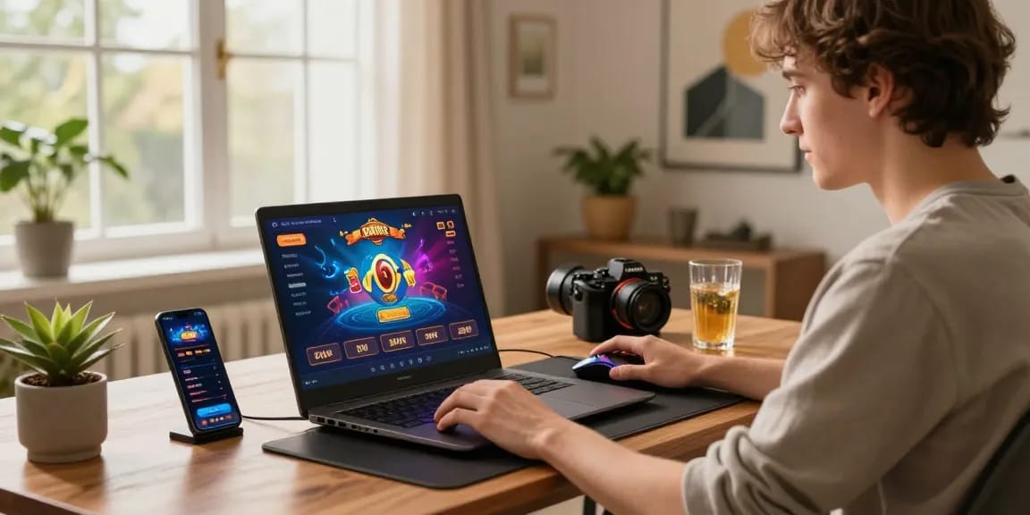 Engaging scene depicting a young adult excited about claiming 20 free spins on registration no deposit, showcasing a vibrant online casino interface.