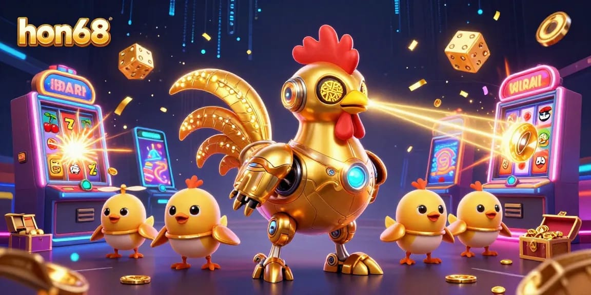 hon68 showcases a thrilling experience with a golden rooster robot and vibrant casino elements.