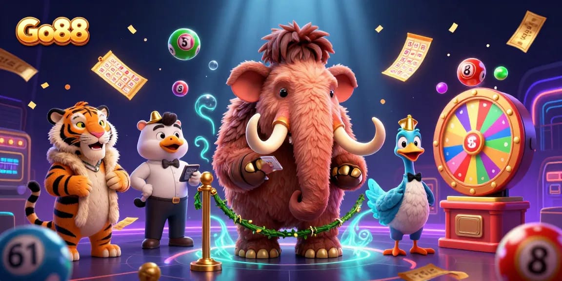 Engage in vibrant gaming adventures with Go88 featuring a fanciful mammoth bouncer supporting slots and lottery.