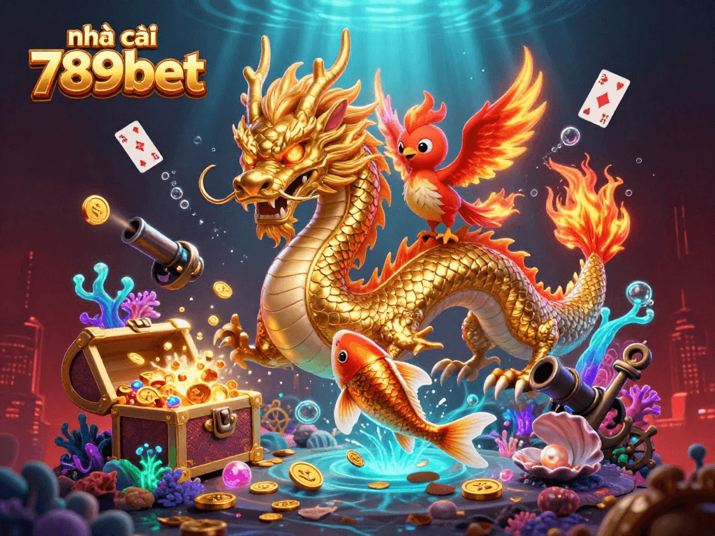 Experience the excitement of nhà cái 789bet casinos with a fierce golden dragon and lucky koi fish amidst a colorful treasure storm.