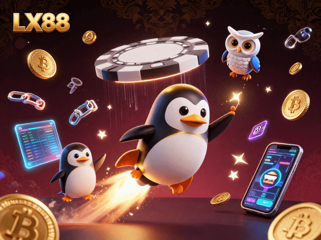 Experience thrilling gameplay with LX88 as the golden penguin navigates a vibrant crypto-themed space casino
