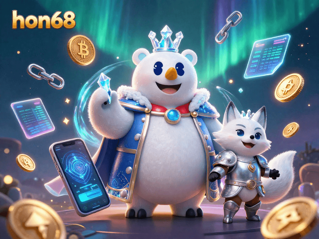 Win big with hon68 in this vibrant casino scene featuring a polar bear and snow fox.
