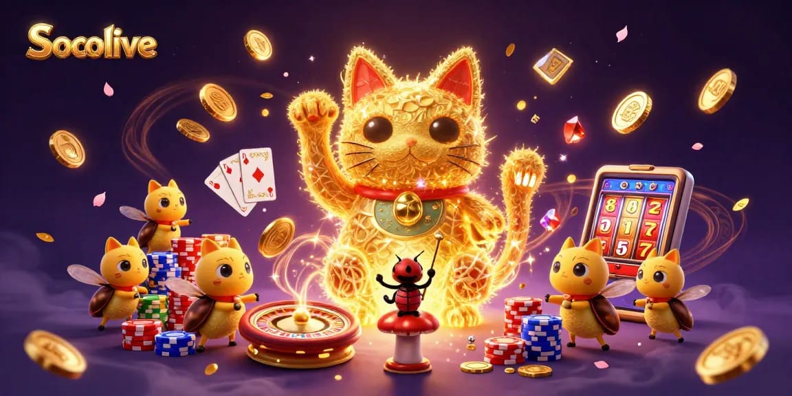 Socolive features a lively scene with a giant lucky cat and dynamic casino symbols amidst golden coins and sparkling gems.