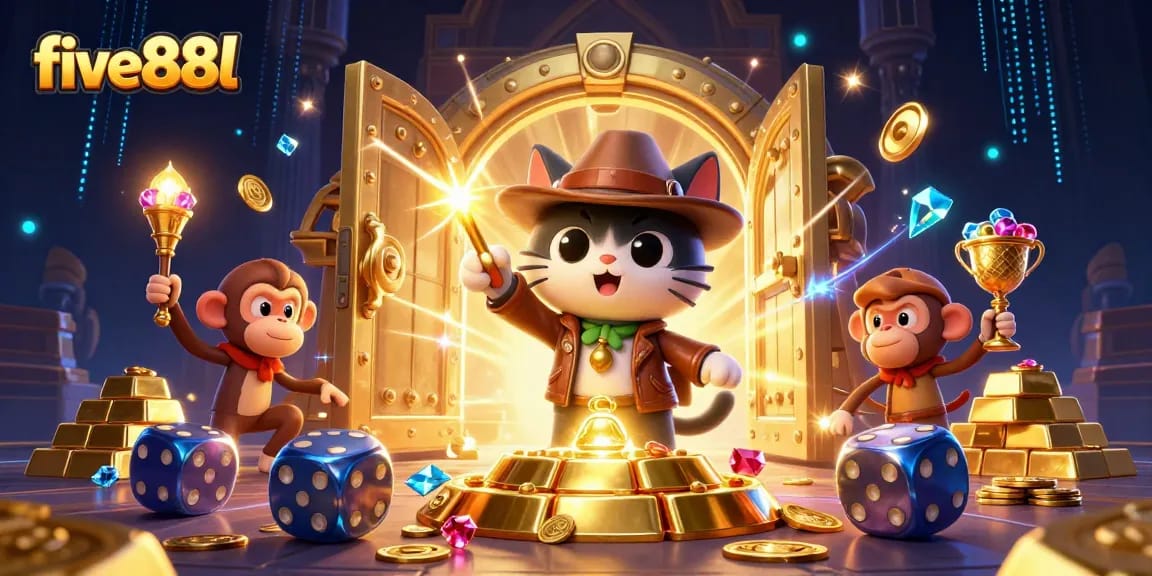 Discover exciting treasures at five88l in a vibrant 3D casino scene with adventurous characters.