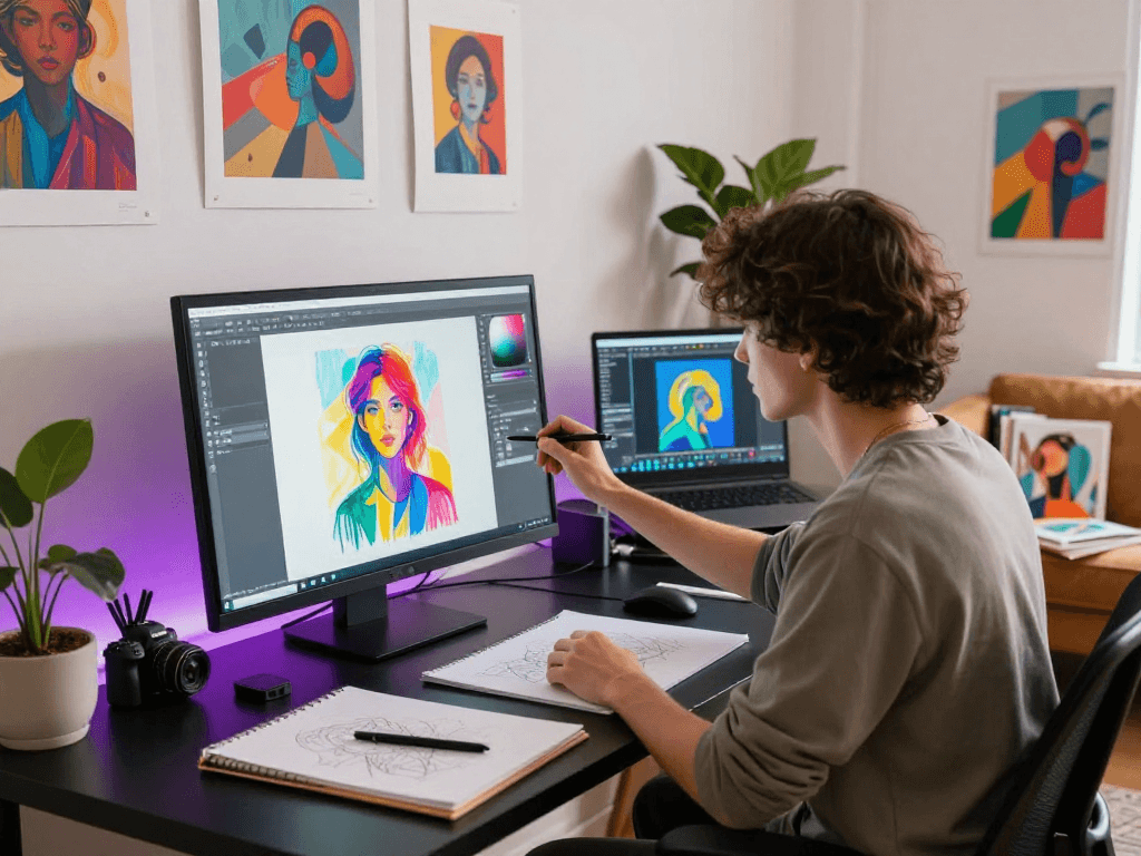 NSFW AI art creation scene with artist in a vibrant digital studio.