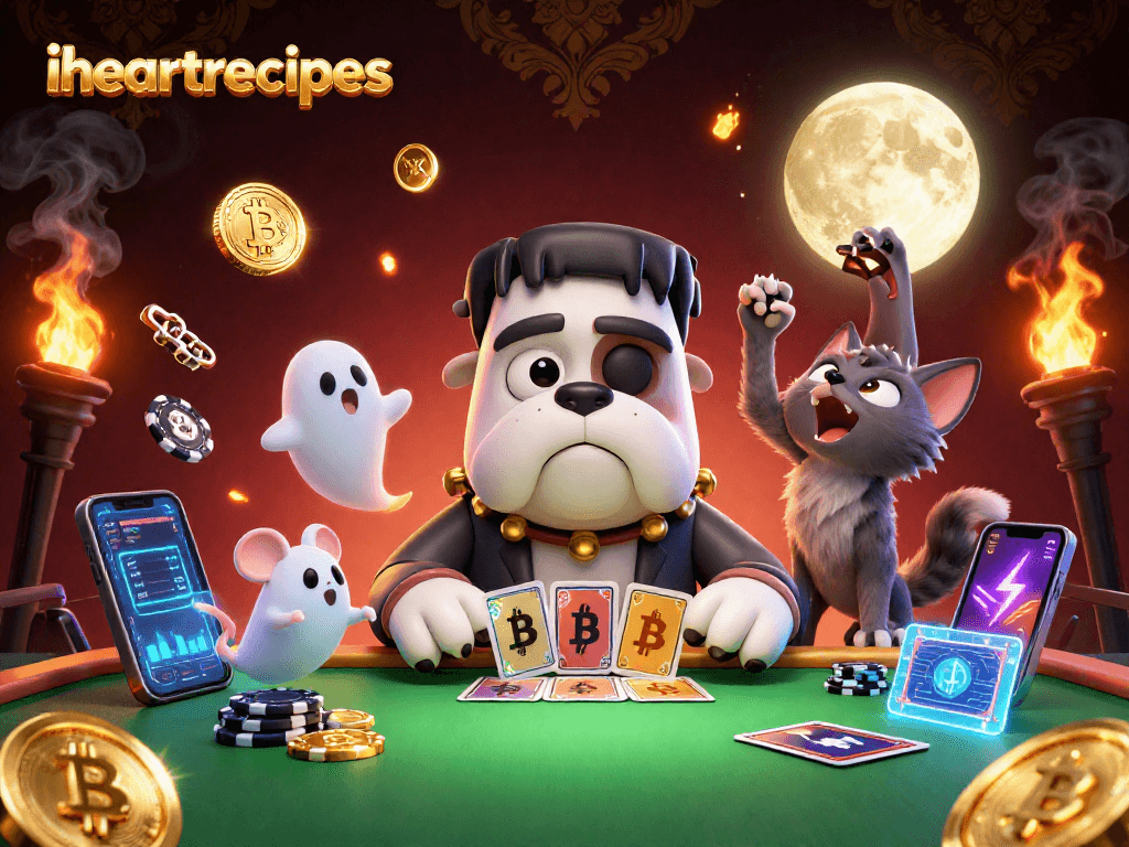 Engage with iheartrecipes as Frankenstein bulldog deals cards in a thrilling casino scene filled with excitement and crypto elements.
