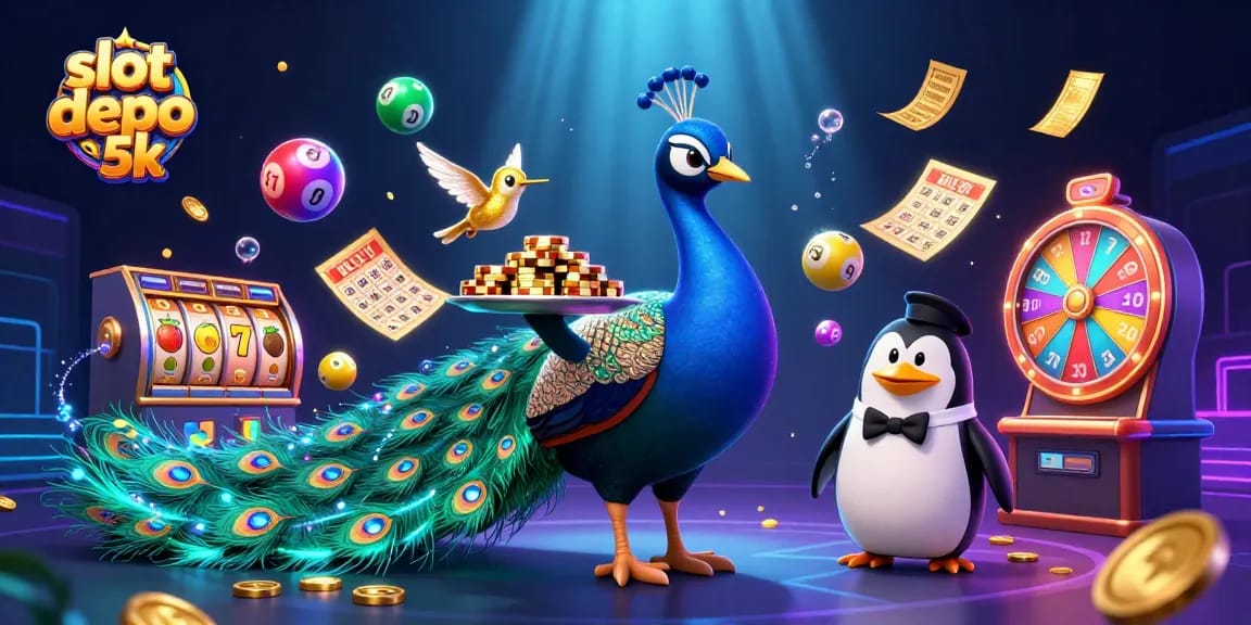 Play exciting games at slot depo 5k with a vibrant casino scene featuring a peacock and golden chips.