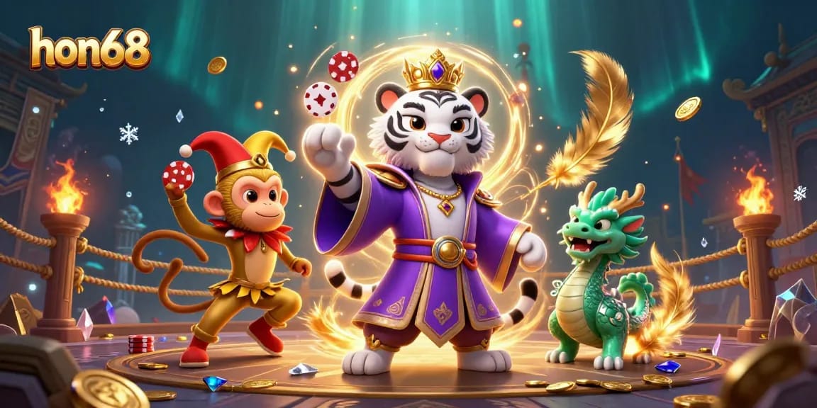 Join the excitement at hon68 with the playful tiger, monkey, and dragon in an immersive gambling scene.
