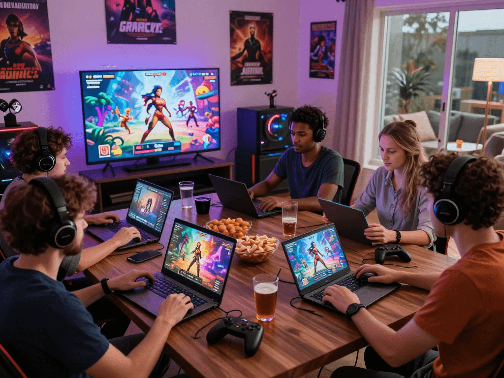 Group of adults enjoying a sex game on multiple devices, relaxed gaming atmosphere.