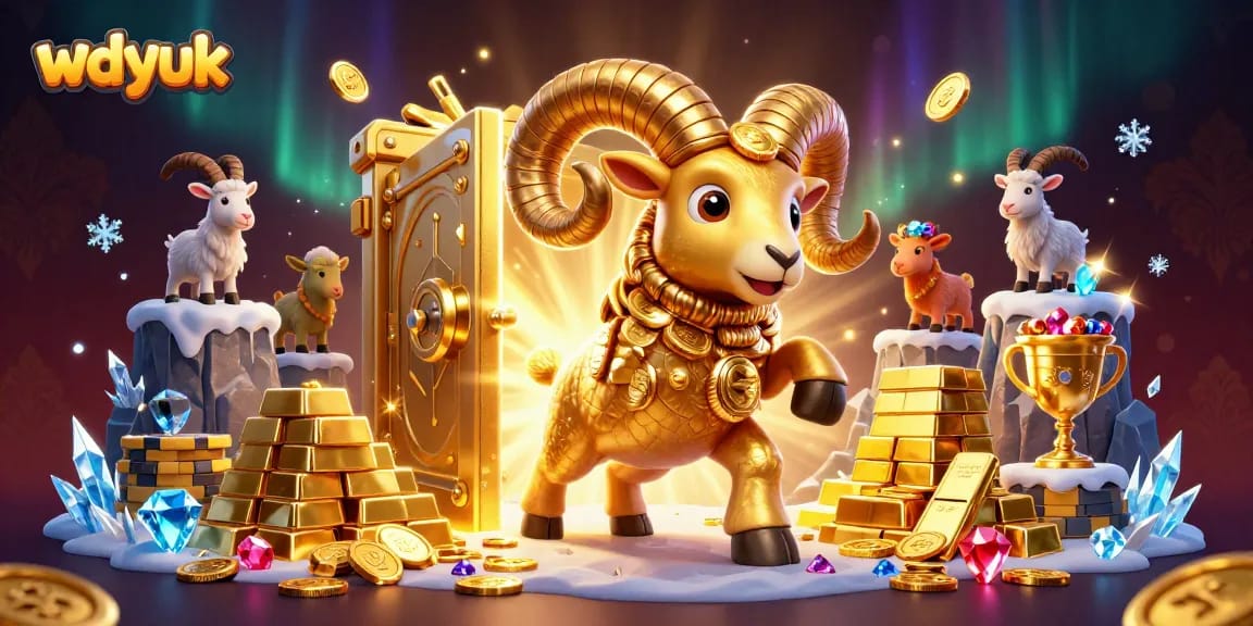 Engage with the festive atmosphere of wdyuk as the golden ram charges through riches in this 3D casino scene.