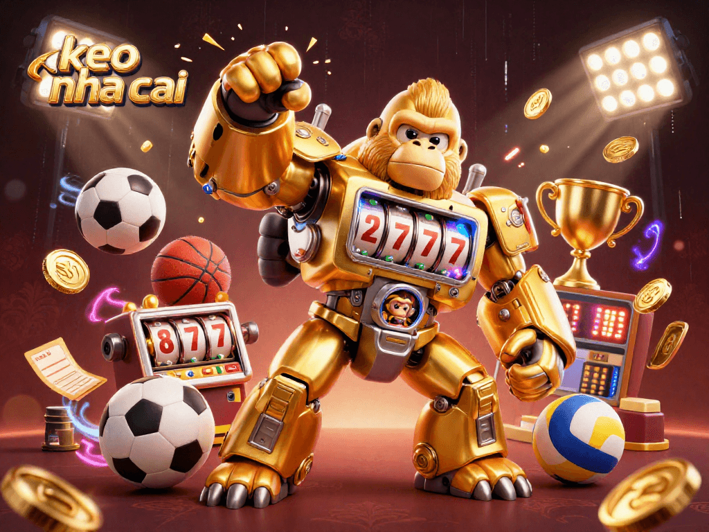 Engage with keo nha cai as a golden gorilla mech battles for sports betting glory in a dazzling casino scene.