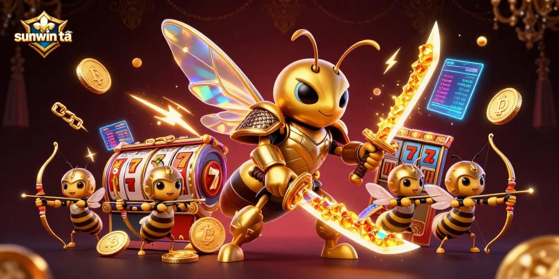 Experience thrilling slots with sunwin tải as the golden hornet wields katanas among rich casino elements.