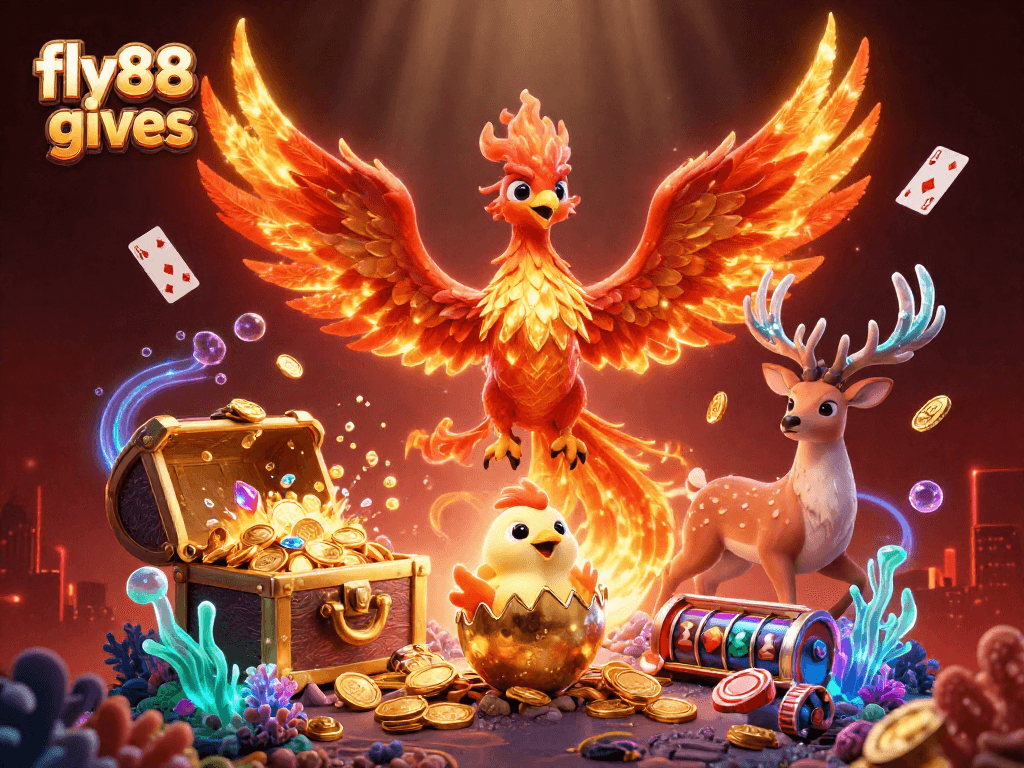Engage with fly88 gives as a phoenix soars alongside a chick and mystical stag in a vibrant casino scene.