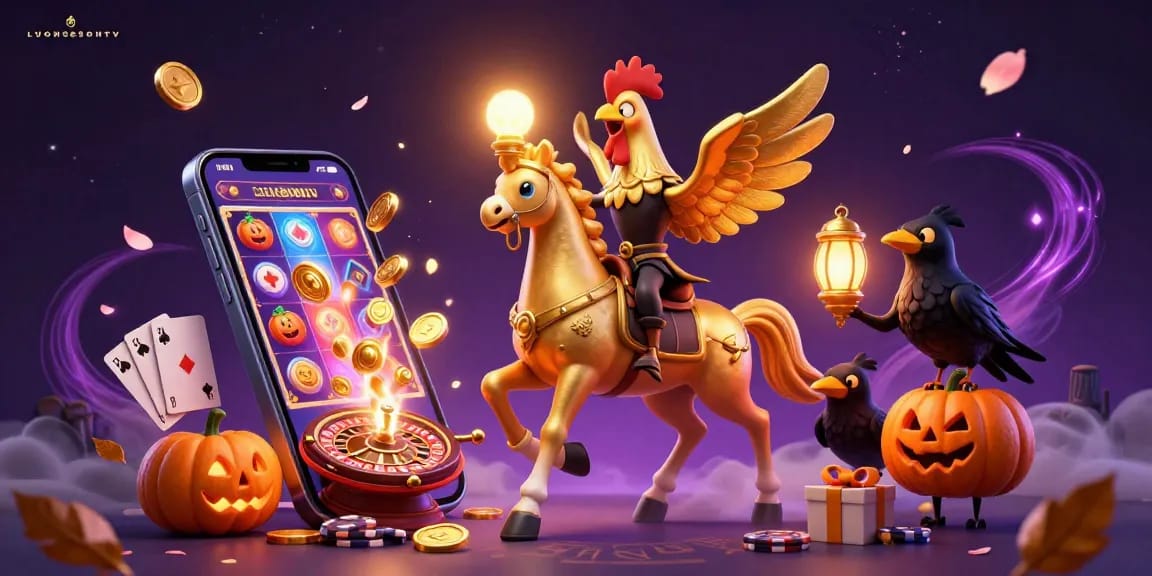 Experience LUONGSONTV's vibrant golden rooster in a mystical casino scene with exciting gaming elements.