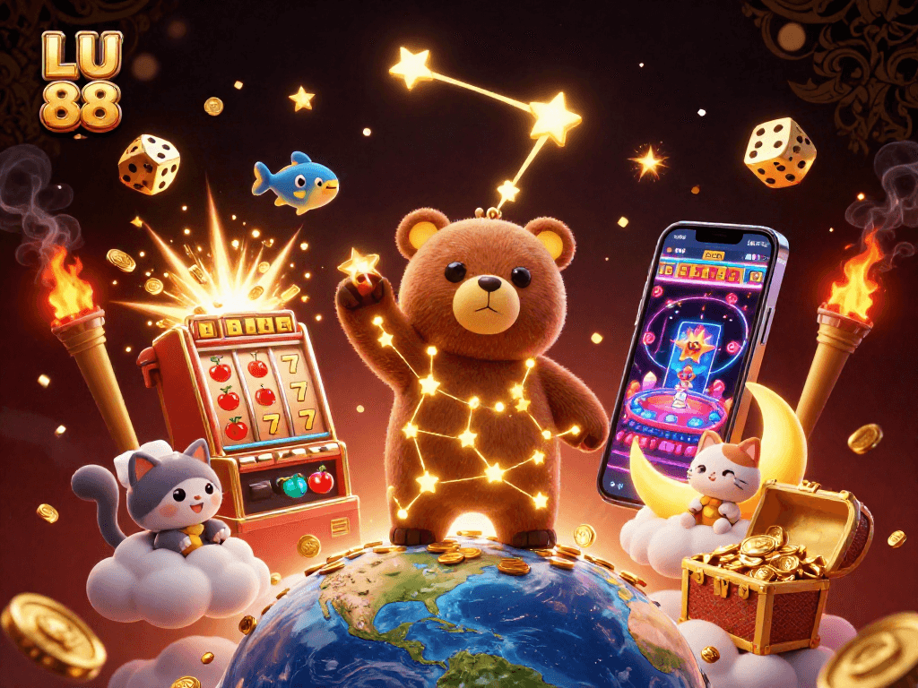 Spin the reels and win with LU 88's vibrant casino illustration showcasing amazing games and rewards.