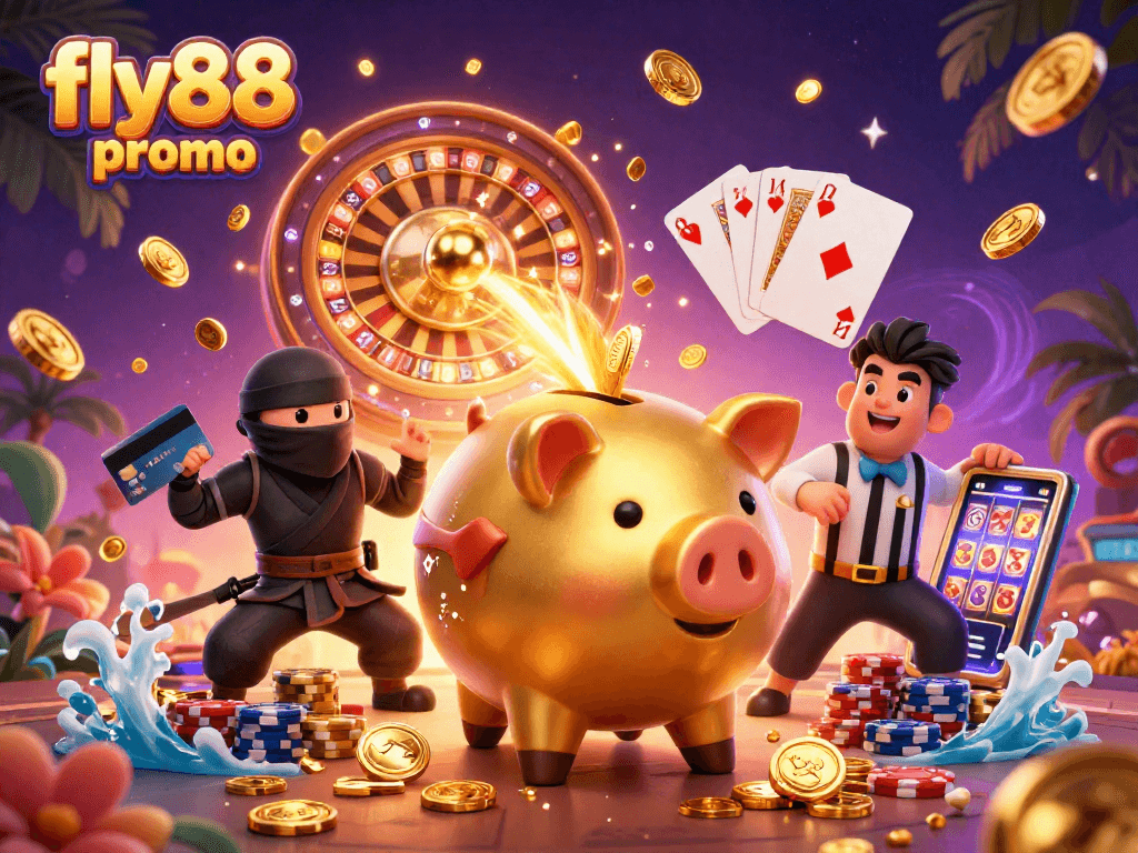Join the fun with fly88 promo as the golden piggy bank and ninja characters celebrate winning in a lively casino scene.