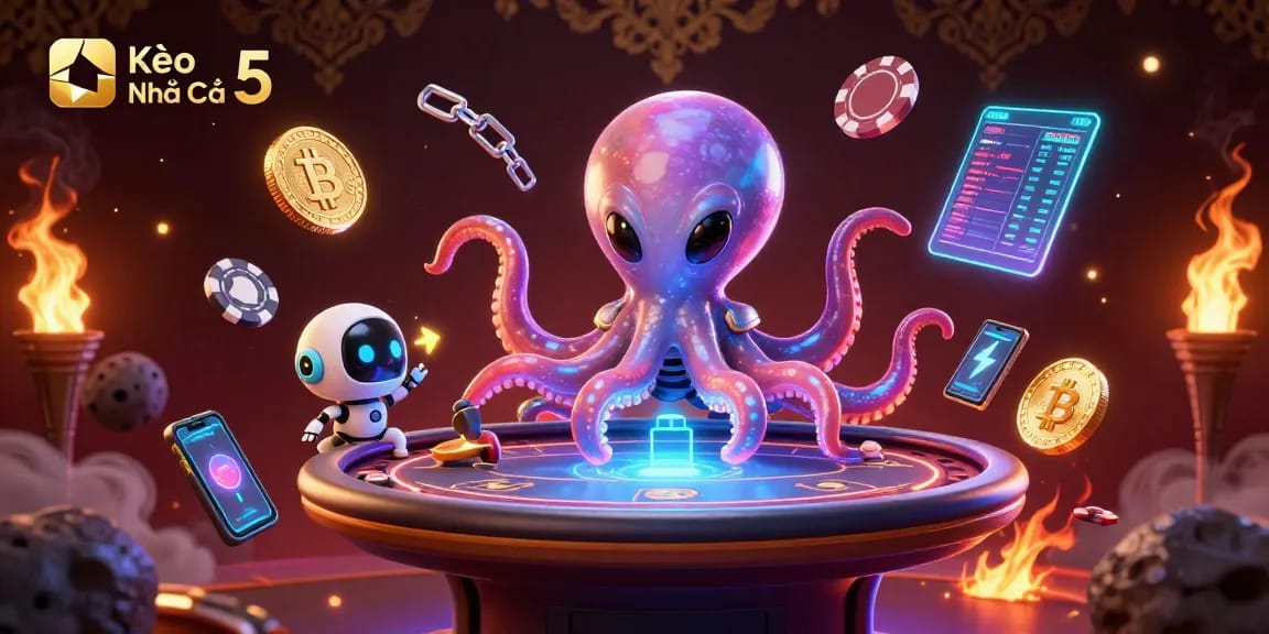 Engage with Kèo Nhà Cái 5 through a vibrant poker scene featuring an alien octopus and futuristic elements.