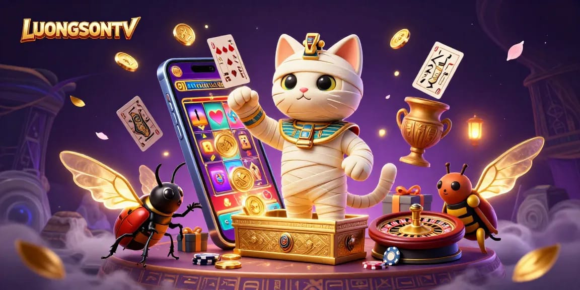 LUONGSONTV brings gaming to life with vibrant, energetic illustrations of mummies and casino elements.