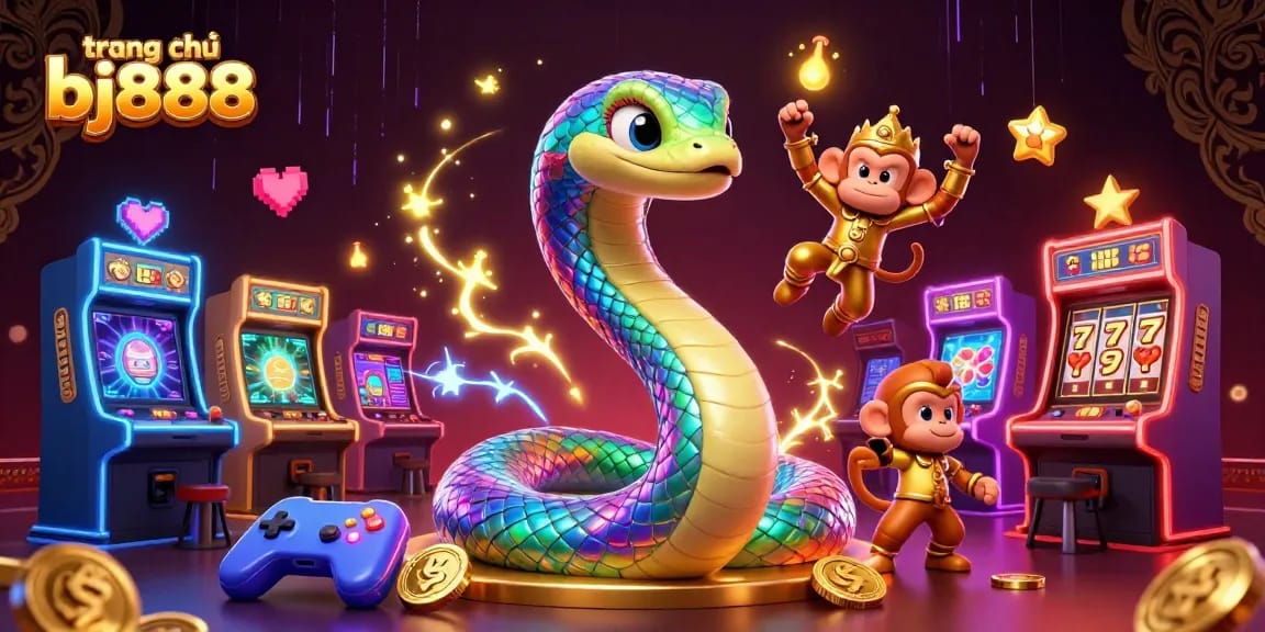 Engage in vibrant slots action at trang chủ bj888 with a dynamic 3D fantasy illustration featuring gaming elements.