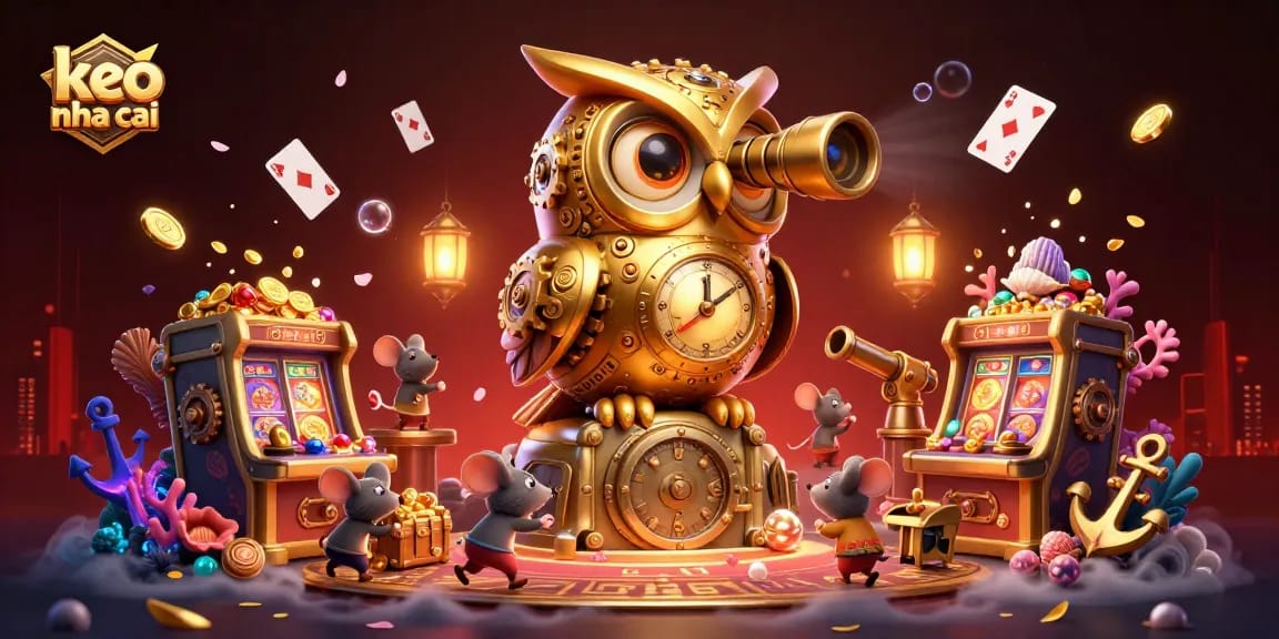 Engage with keo nha cai in this vibrant casino scene showcasing a golden owl, dynamic slots, and underwater treasures.