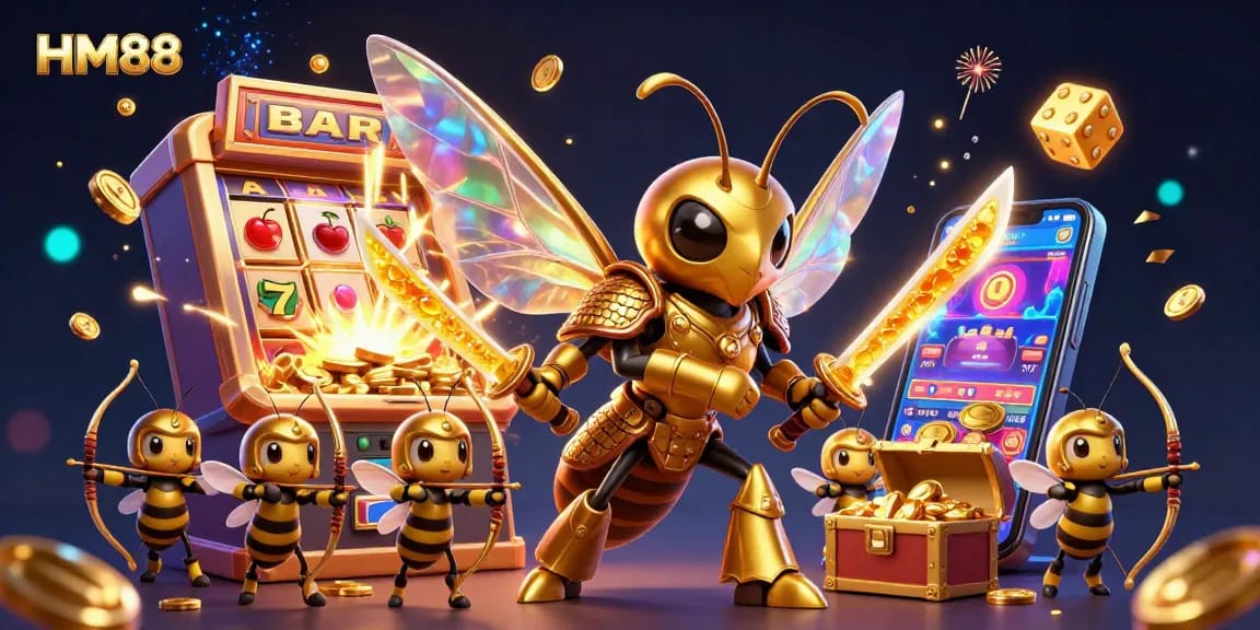 Engage with HM88's vibrant 3D casino world featuring an armored hornet and dazzling slot wins.