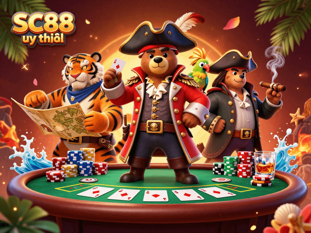 Engage with SC88 uy tín at vibrant poker tables with pirate-themed characters.