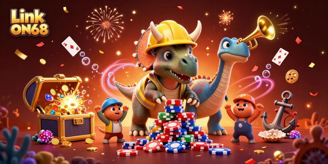 Win big with Link ON68 in a vibrant 3D casino scene celebrating exciting gameplay.