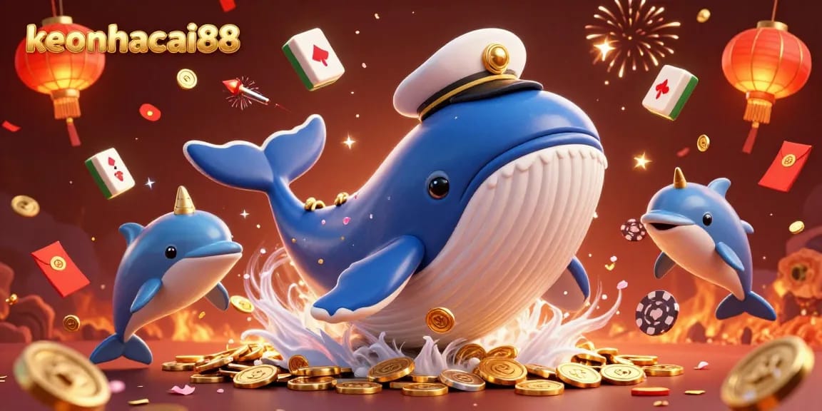 Engage with keonhacai88's captivating casino scene featuring a whale, narwhal, and dolphins amidst vibrant celebrations.