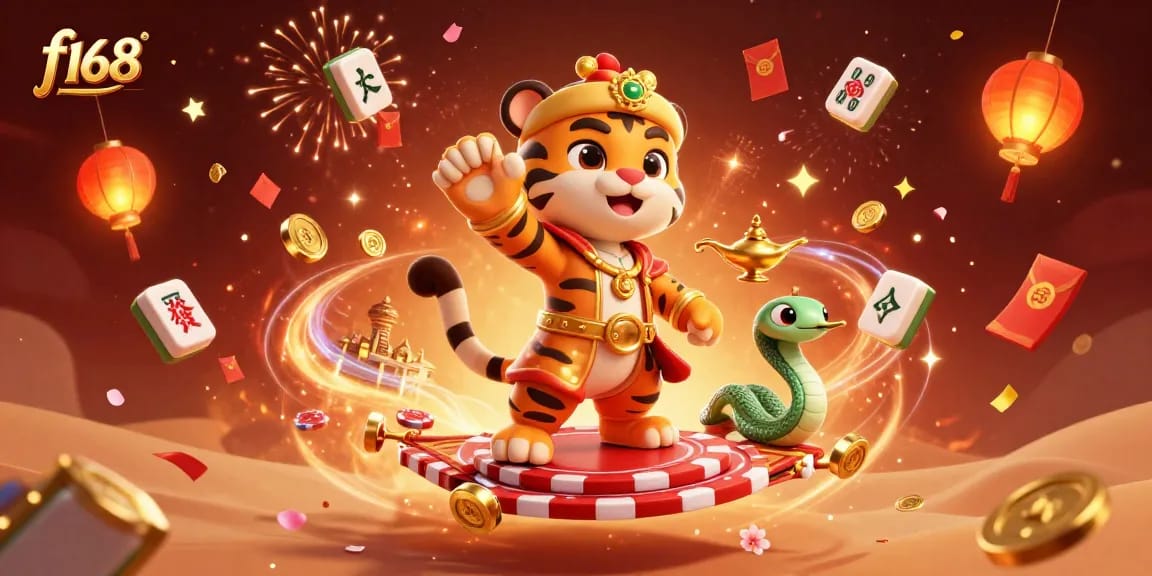 Experience the thrill of f168 with a vibrant tiger sultan, poker chips, and festive gambling elements.