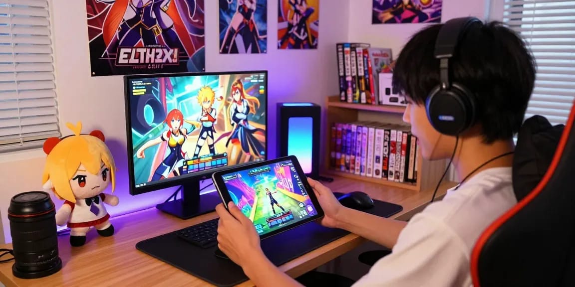Engaging scene of a player enjoying online ecchi games on a tablet, immersed in vibrant graphics and cozy gaming space.