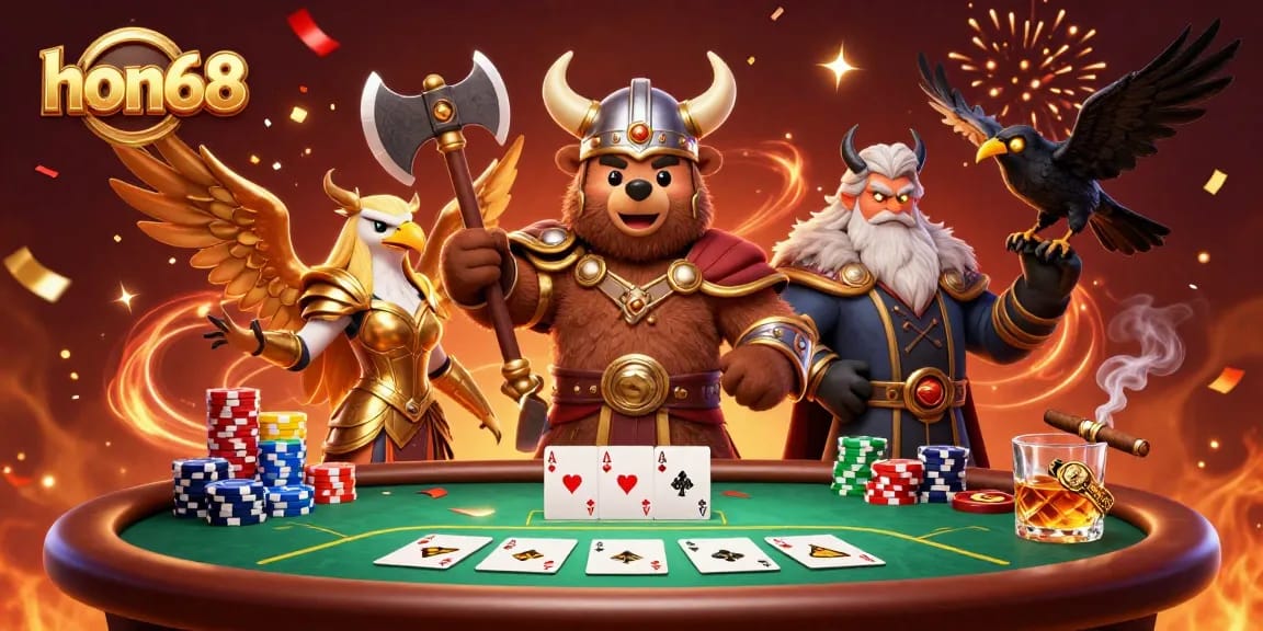 Experience exciting wins at hon68 with a Viking bear, Valkyrie eagle, and glowing game elements.