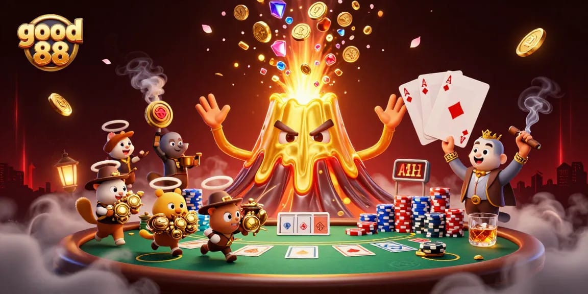 Experience good 88 action with a stunning treasure-filled volcanic eruption and poker elements.