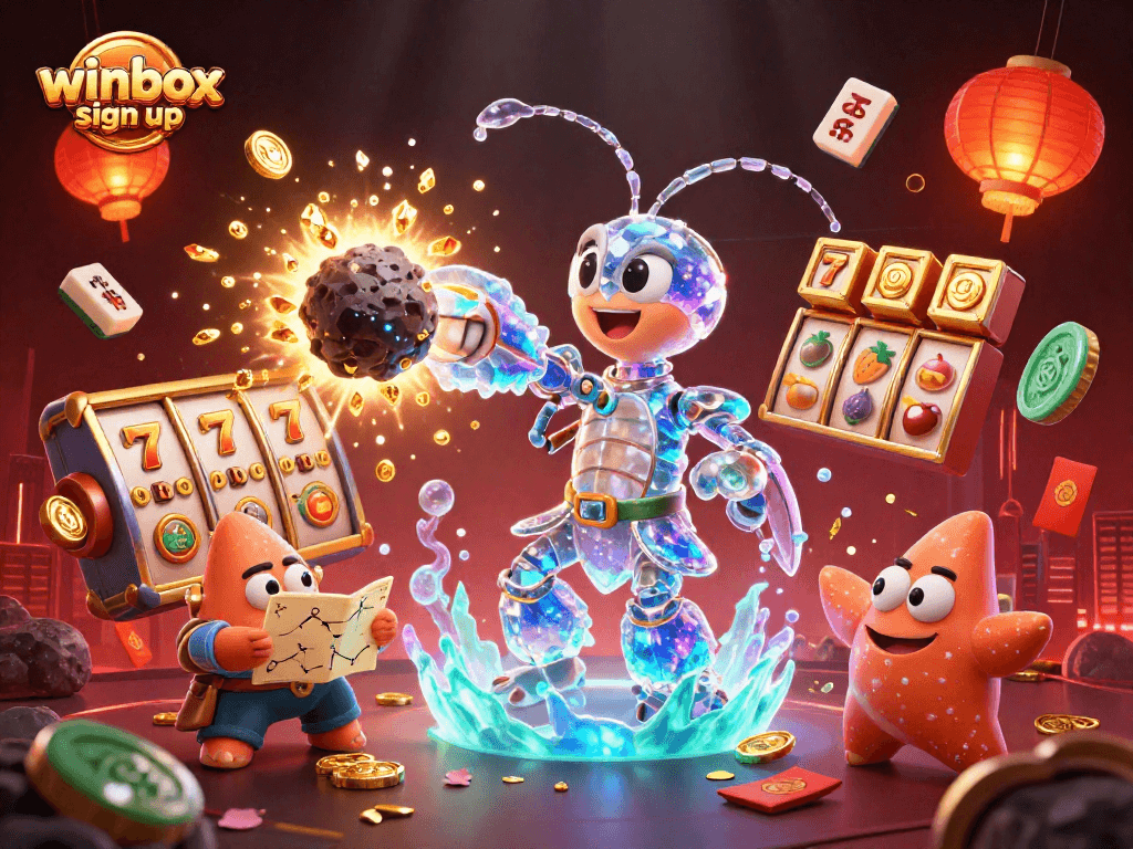 Experience the winbox sign up process with a vibrant 3D scene of excitement and gaming elements.