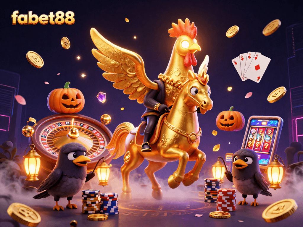 Experience the thrilling world of fabet88 with golden rooster characters amidst dazzling casino games.