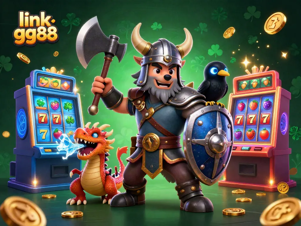 Spin the reels with excitement at link gg88, featuring a Viking wolf warrior, dragon, and vibrant slot machines.