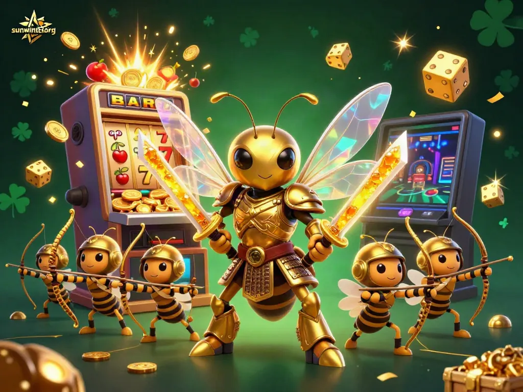 Experience the excitement at sunwint81org with a dynamic scene featuring a hornet samurai and casino games.