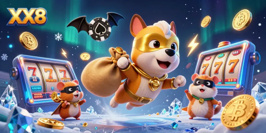 Experience the excitement of XX8 with a superhero dog and a hamster in a dynamic online casino scene.