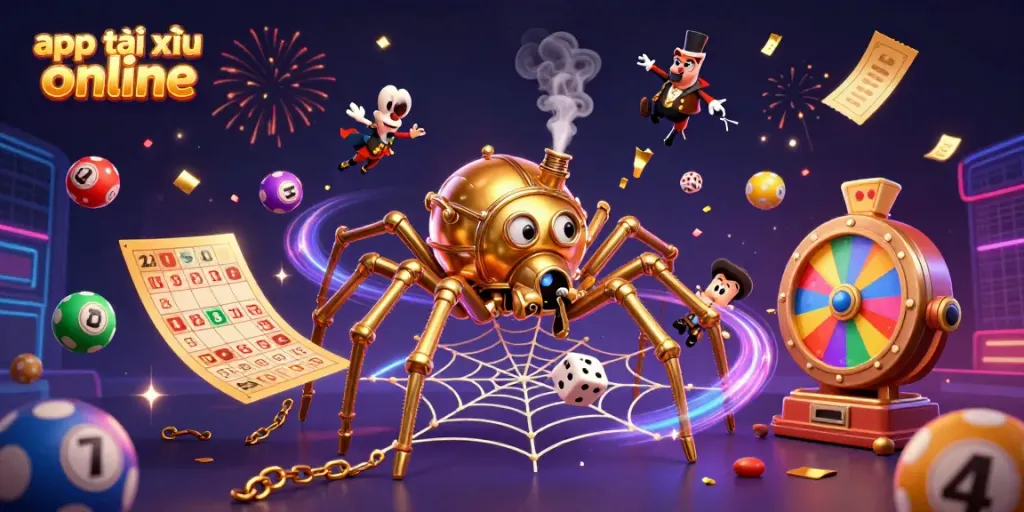 Engaging and vibrant illustration of app tài xỉu online featuring dynamic elements like lottery balls and an amusing spider.