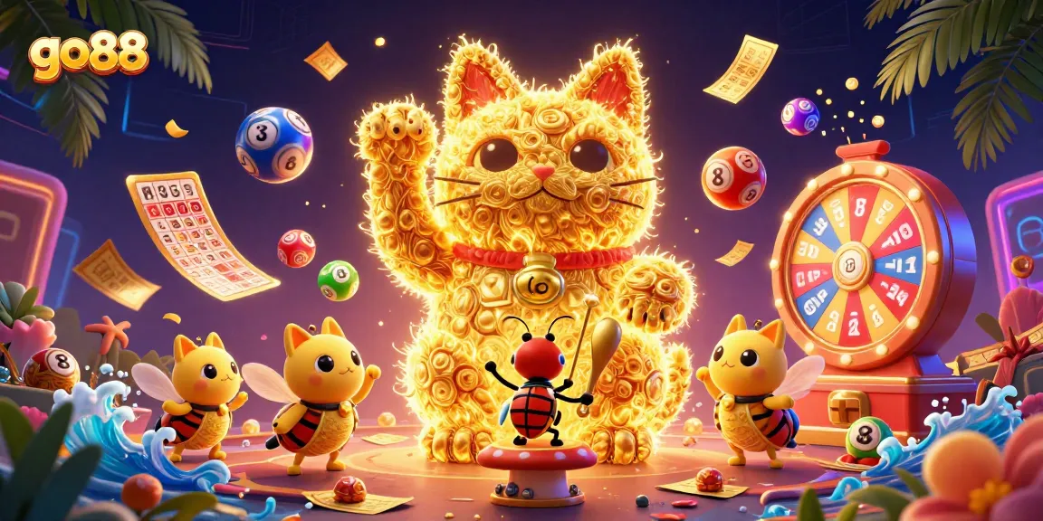Engage with go88's exciting casino experience featuring a golden lucky cat and vibrant lottery elements.