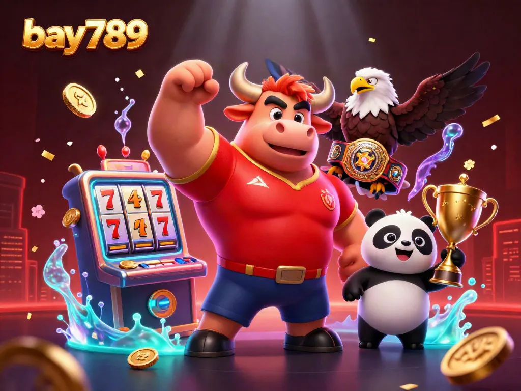 Experience thrilling entertainment with bay789's vibrant and immersive 3D casino illustration featuring a bull, eagle, and panda.