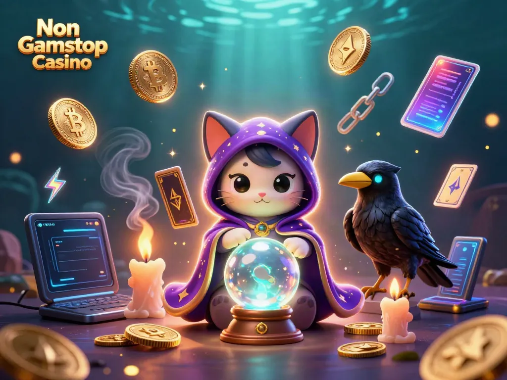 Experience the thrill of Non Gamstop Casino with a vibrant, mystical 3D scene featuring unique characters and crypto elements.