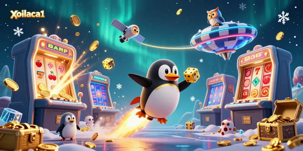Xoilaca1 visualizes a thrilling casino scene with cartoon characters and vibrant jackpot explosions.