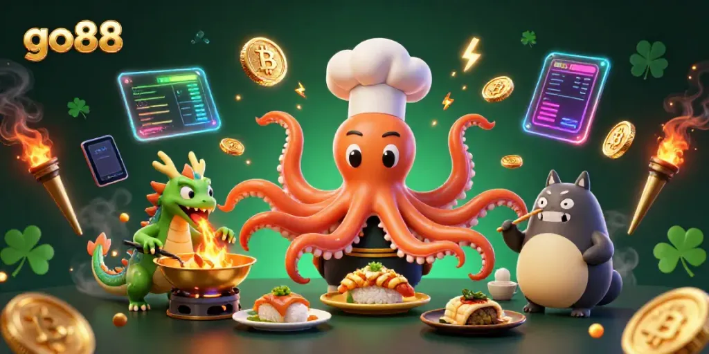 Experience the vibrant action at go88, where a sushi chef octopus creates golden dishes amid glowing crypto elements in a lively casino.