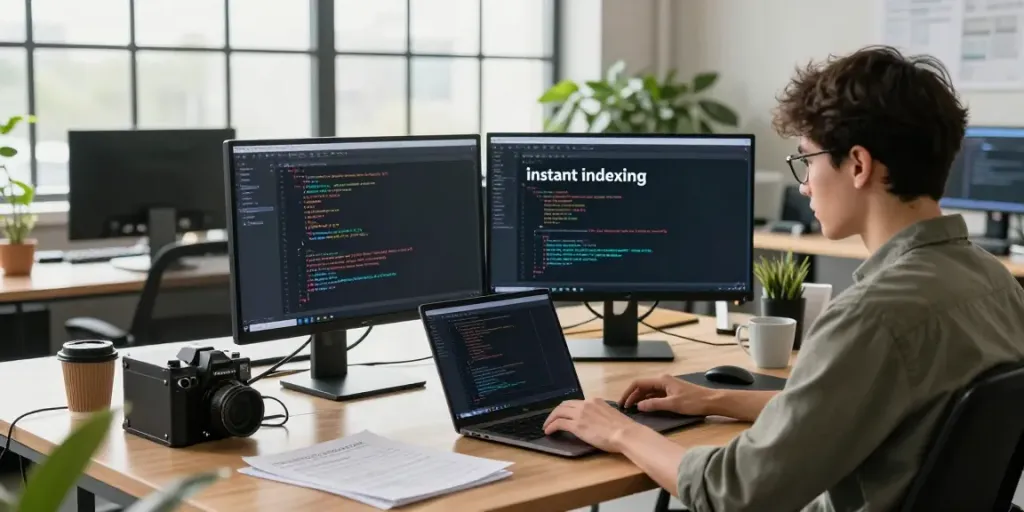 Software engineer coding on instant indexing tools in a modern workspace