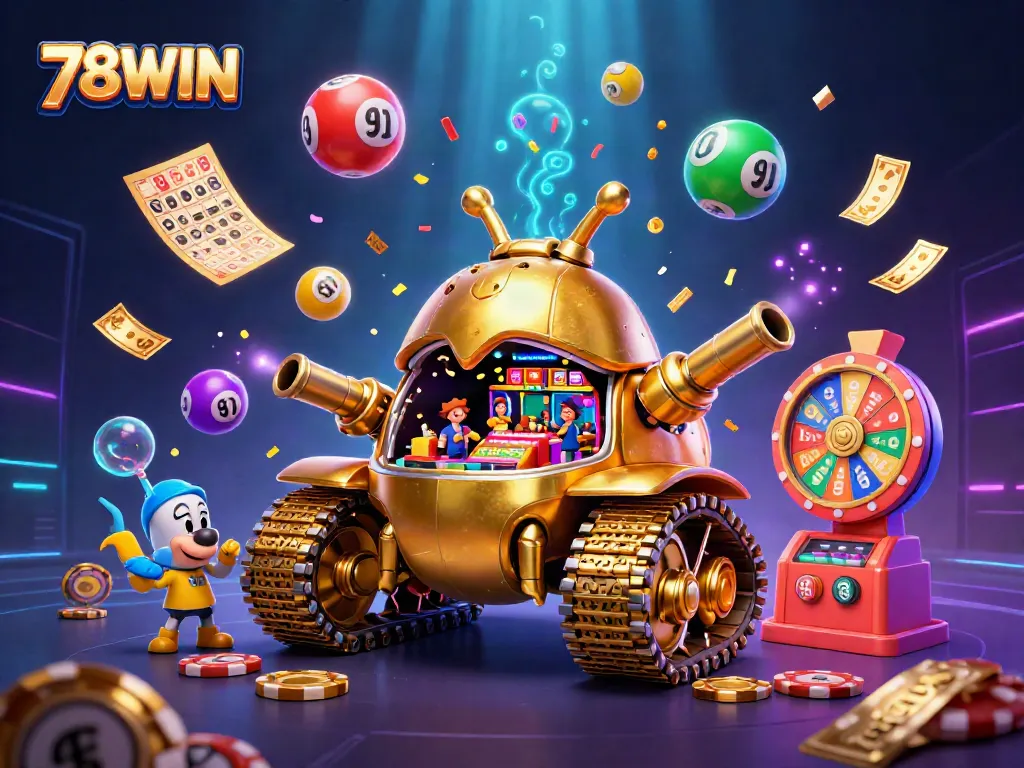 Experience the excitement of 78WIN with this lively casino scene featuring a golden beetle tank and dynamic game elements.