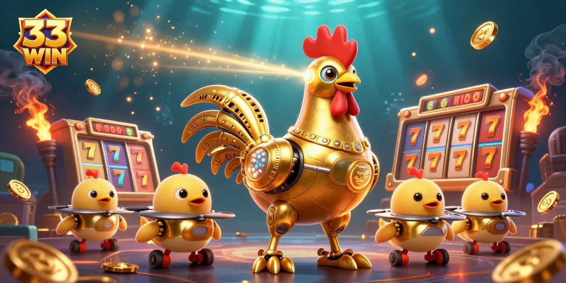Engage in thrilling gameplay at 33 WIN with colorful slot reels featuring golden rooster characters.