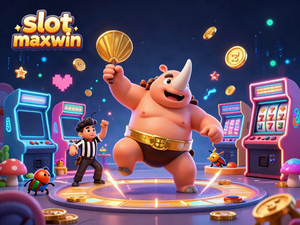 Experience the excitement of slot maxwin with a vibrant 3D illustration featuring a beetle champion amidst flying coins.