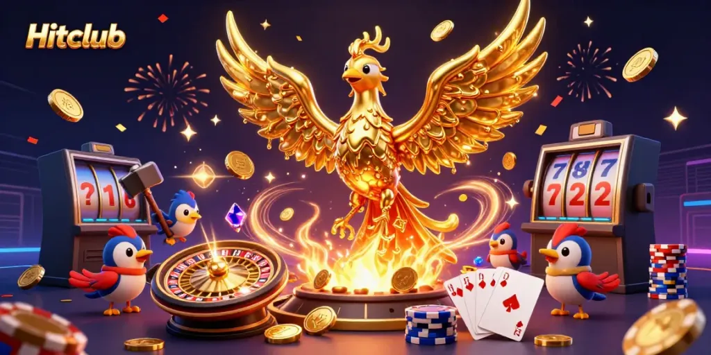 Experience Hitclub's thrilling casino adventures with dynamic golden phoenix and gambling elements.