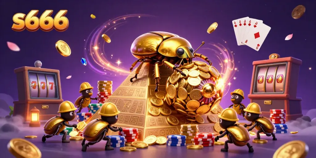 Engage with the thrilling atmosphere of s666 as a golden dung beetle rolls a wealth of coins in this vibrant casino scene.